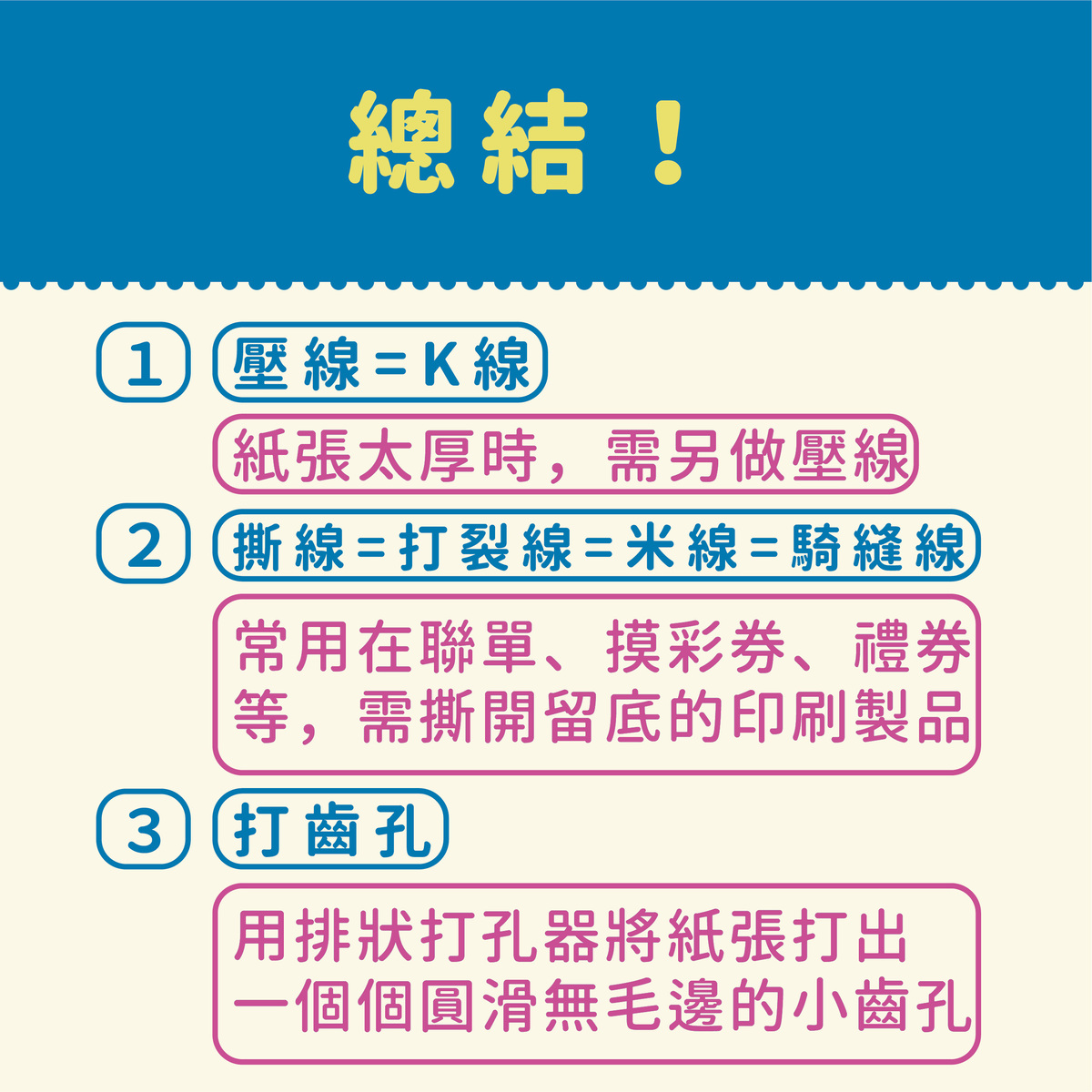 米線/K線/壓線、打裂線/撕線、打齒孔到底是什麼？－總結